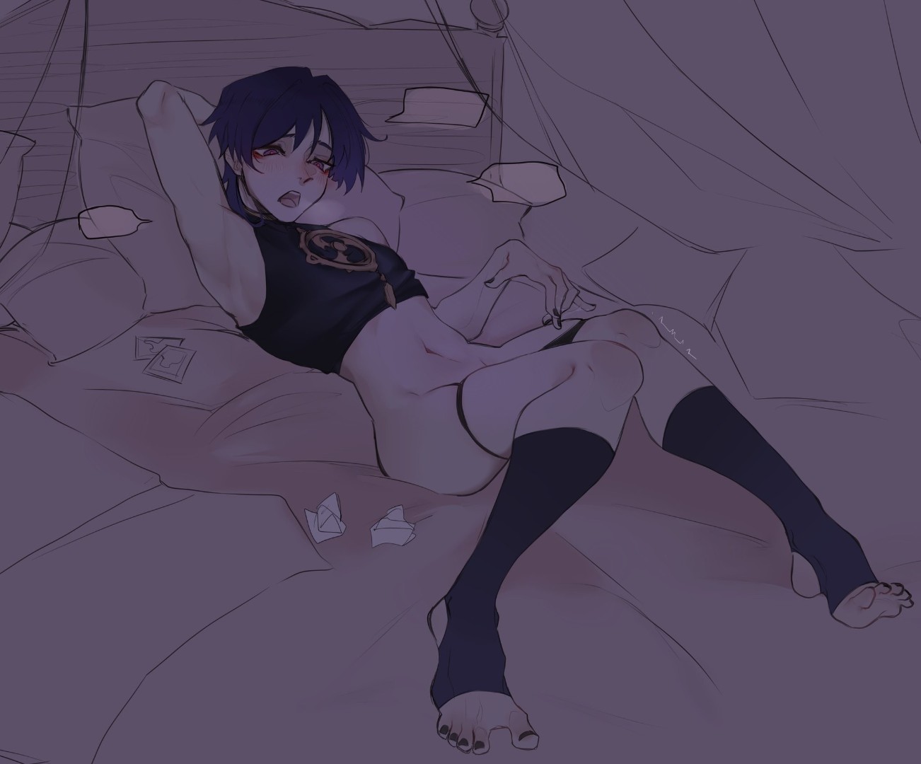 genshin impact, scaramouche (genshin impact), artist request, bed, cuntboy  - R-34.XYZ